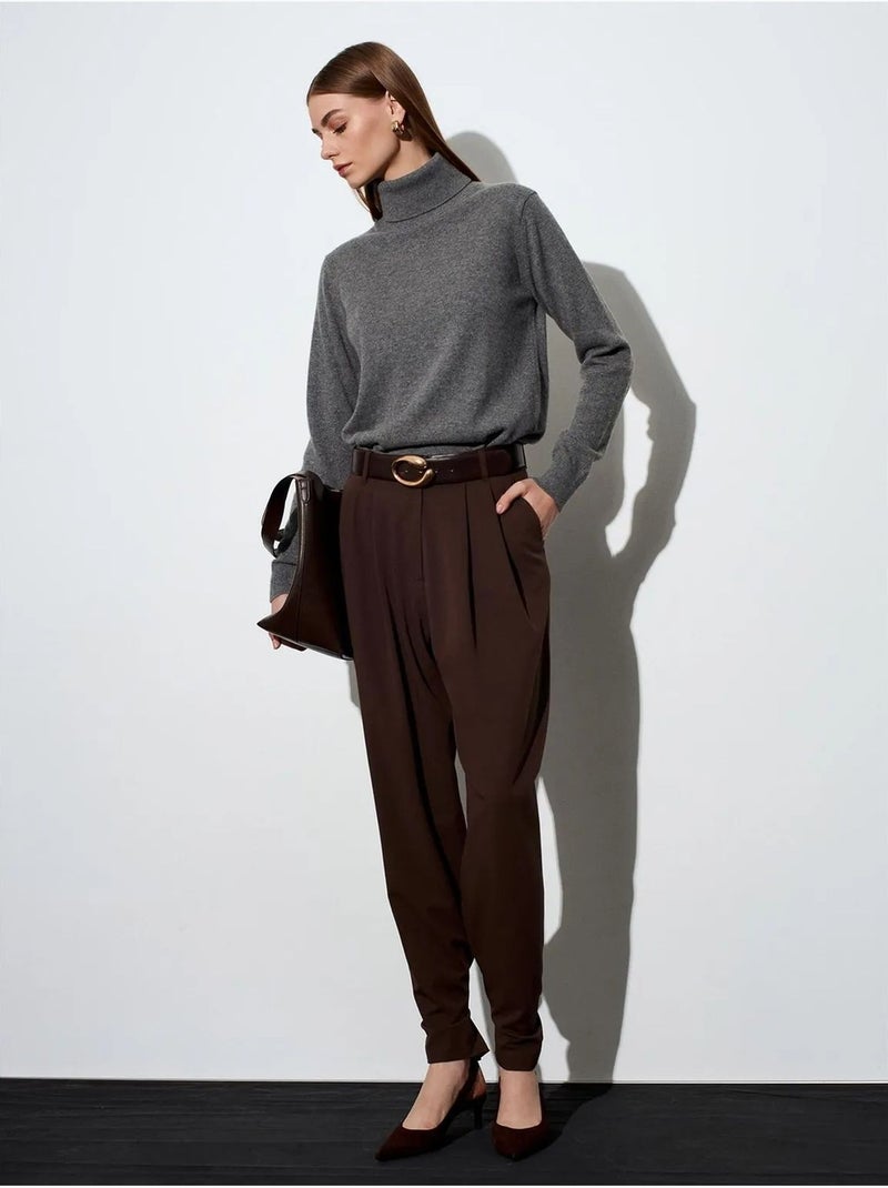 DILVIN Pantalon Femme Large À Taille Haute En Crêpe Marron chocolat - Kiabi