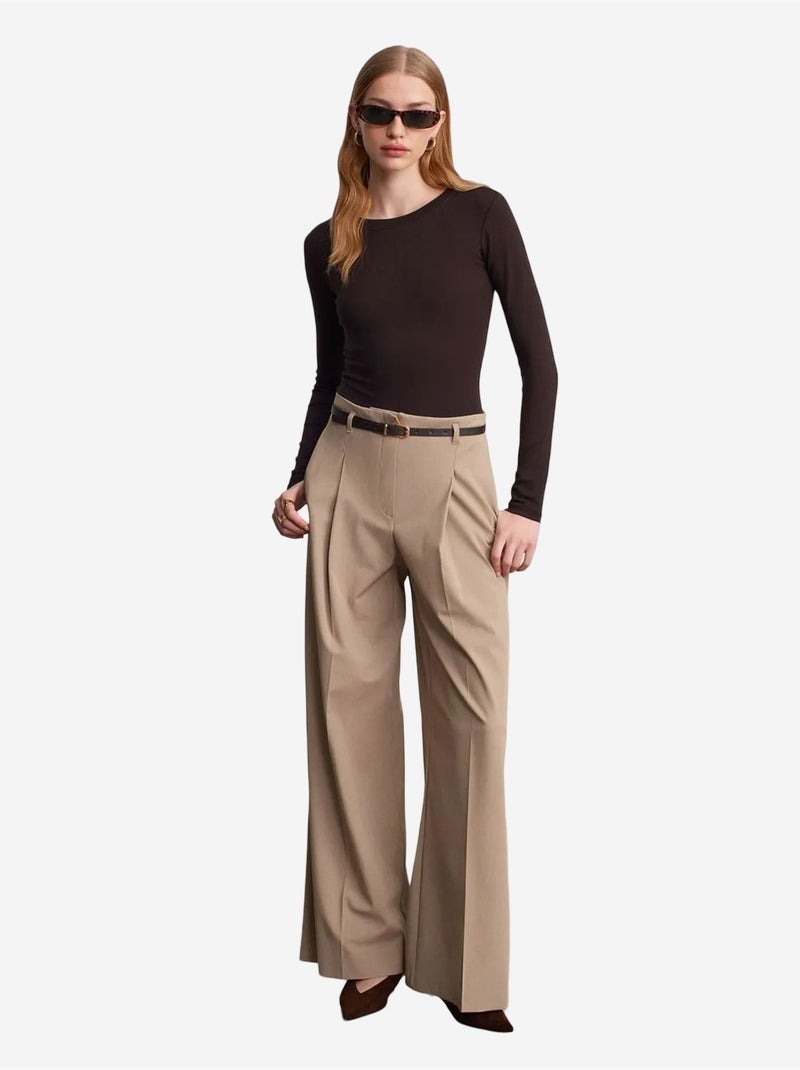 DILVIN Pantalon Femme Palazzo En Crêpe Avec Ceinture Beige - Kiabi