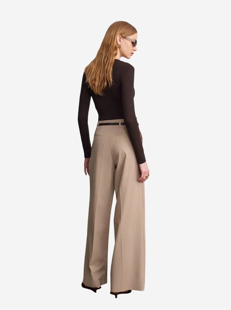 DILVIN Pantalon Femme Palazzo En Crêpe Avec Ceinture Beige - Kiabi