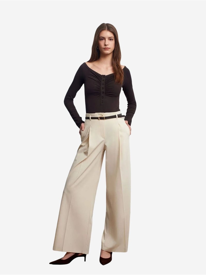 DILVIN Pantalon Femme Palazzo En Crêpe Avec Ceinture Crème - Kiabi