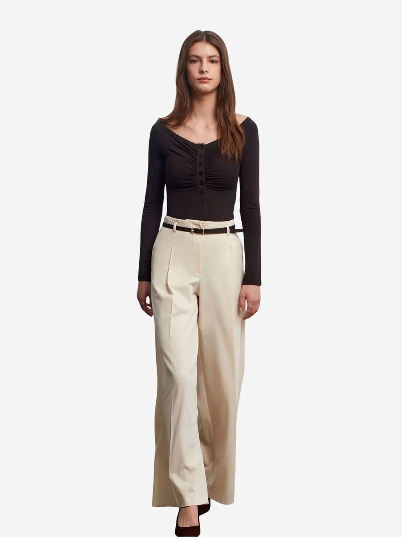 DILVIN Pantalon Femme Palazzo En Crêpe Avec Ceinture Crème - Kiabi