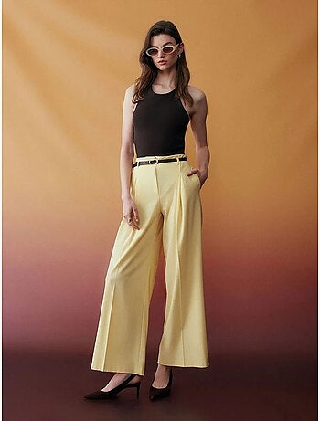 DILVIN Pantalon Femme Palazzo En Crêpe Avec Ceinture