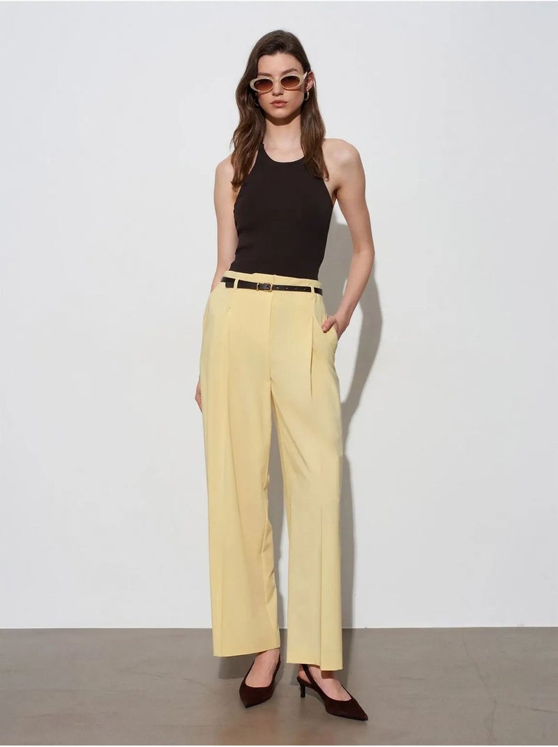 DILVIN Pantalon Femme Palazzo En Crêpe Avec Ceinture Jaune citron - Kiabi