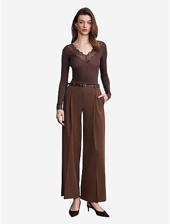 DILVIN Pantalon Femme Palazzo En Crêpe Avec Ceinture
