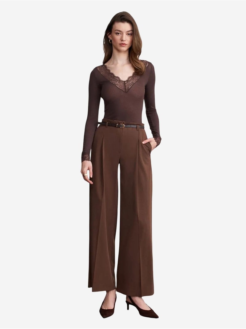 DILVIN Pantalon Femme Palazzo En Crêpe Avec Ceinture Marron chocolat - Kiabi