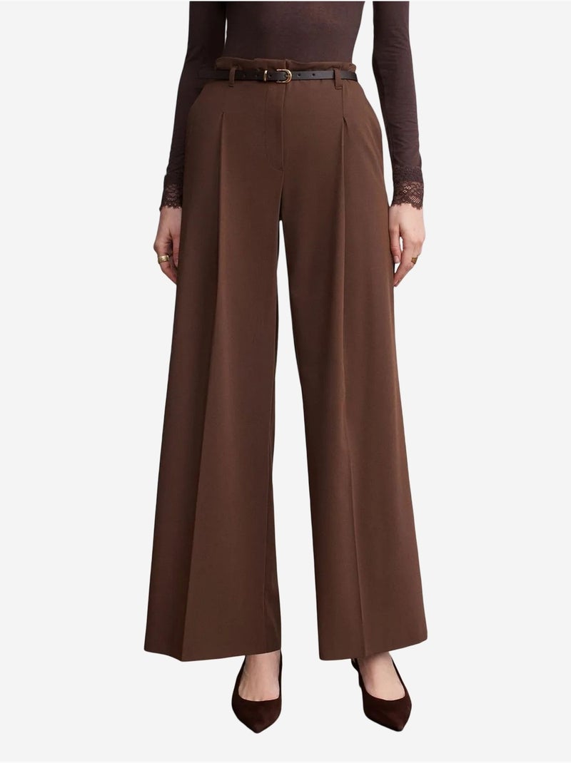 DILVIN Pantalon Femme Palazzo En Crêpe Avec Ceinture Marron chocolat - Kiabi