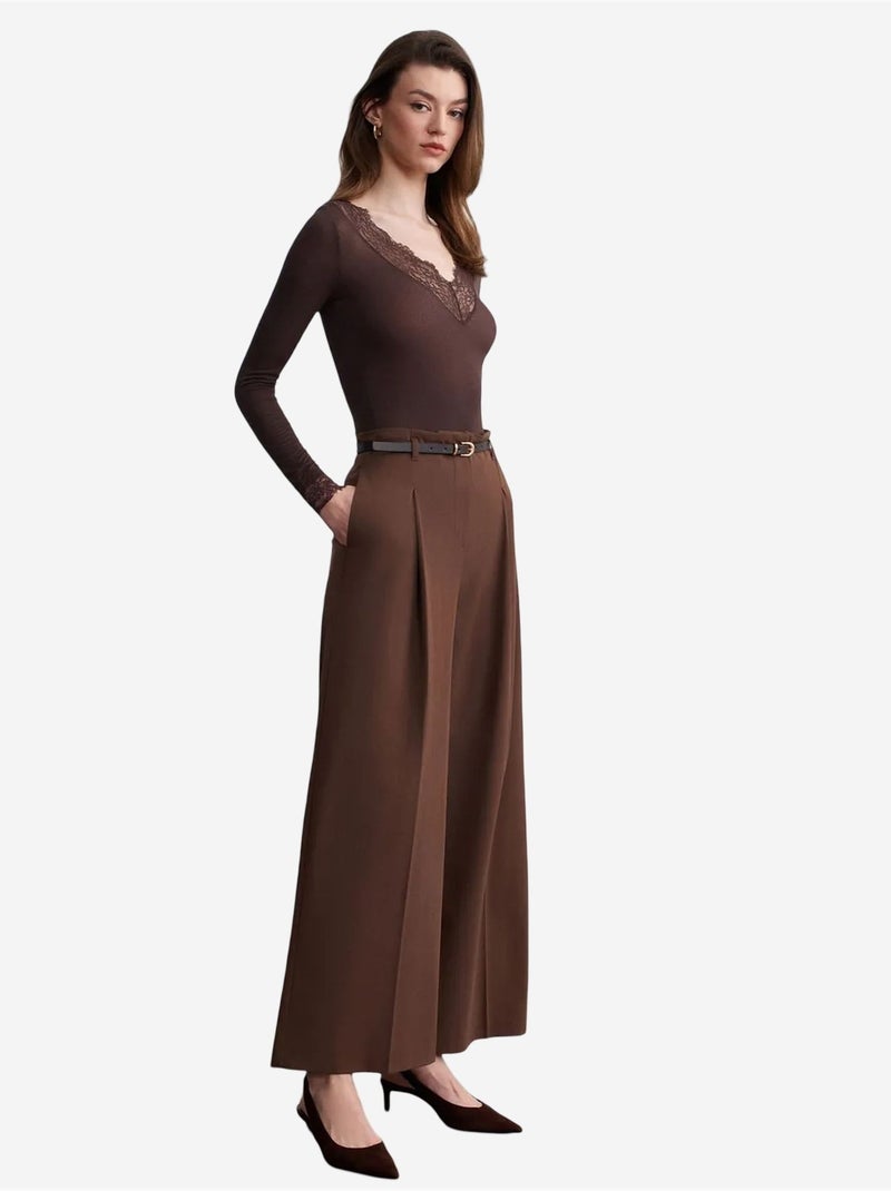 DILVIN Pantalon Femme Palazzo En Crêpe Avec Ceinture Marron chocolat - Kiabi