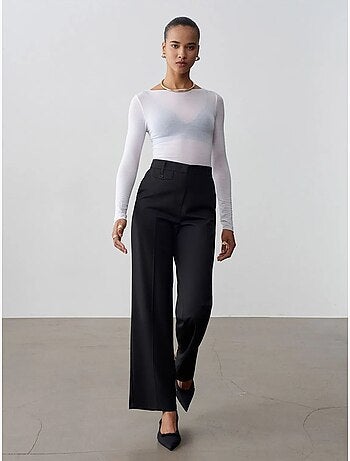 Dilvin pantalon femme taille haute à jambe droite en crêpe