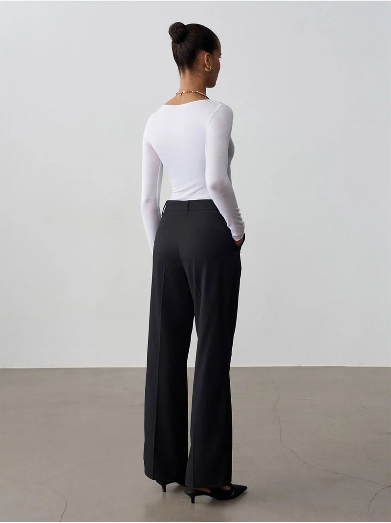 DILVIN Pantalon Femme Taille Haute À Jambe Droite En Crêpe Noir - Kiabi