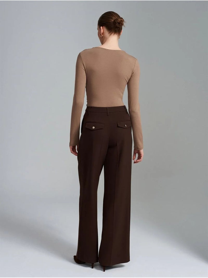 DILVIN Pantalon Femme Taille Haute À Jambe Large En Crêpe Marron chocolat - Kiabi