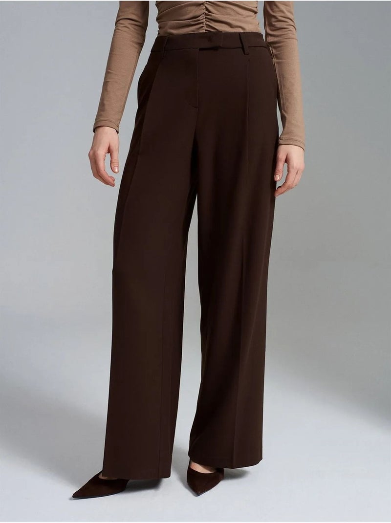 DILVIN Pantalon Femme Taille Haute À Jambe Large En Crêpe Marron chocolat - Kiabi