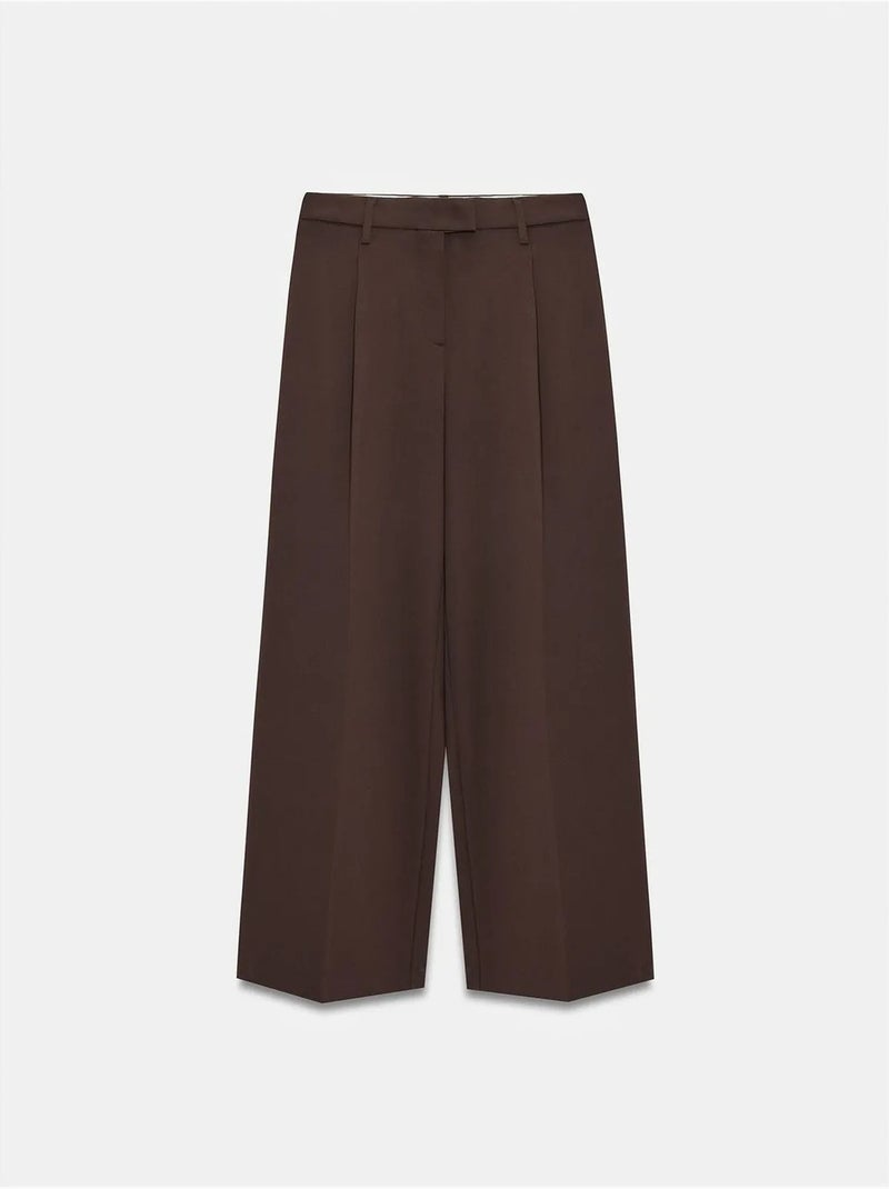 DILVIN Pantalon Femme Taille Haute À Jambe Large En Crêpe Marron chocolat - Kiabi