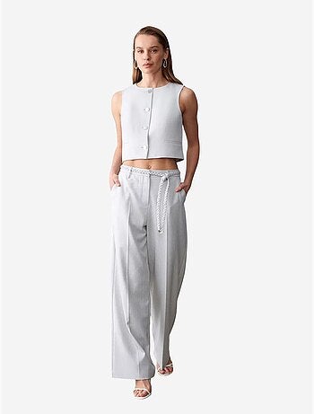 DILVIN Pantalon Femme Taille Haute À Jambe Large Et Ceinture