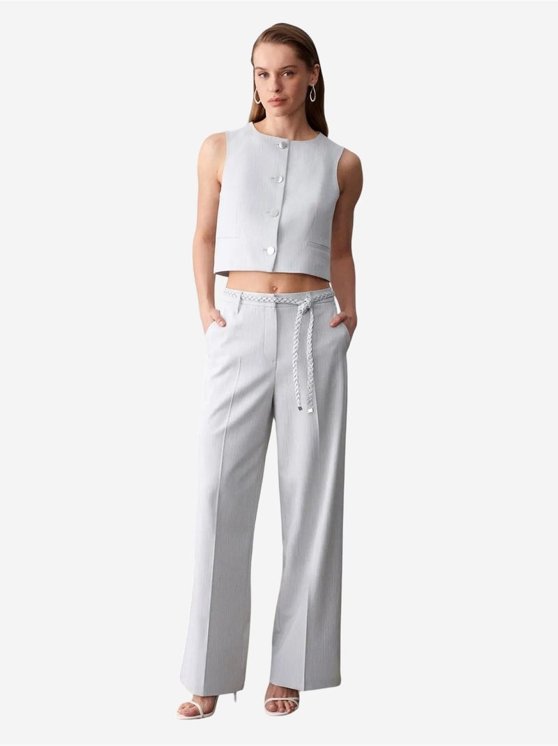 DILVIN Pantalon Femme Taille Haute À Jambe Large Et Ceinture Gris clair - Kiabi