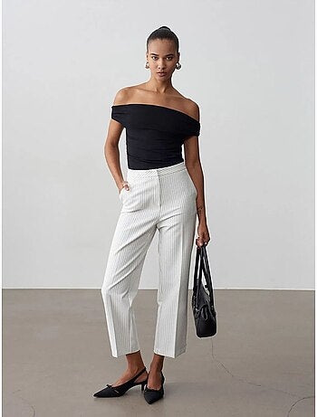 DILVIN Pantalon Femme Taille Haute À Rayures, Jambe Droite