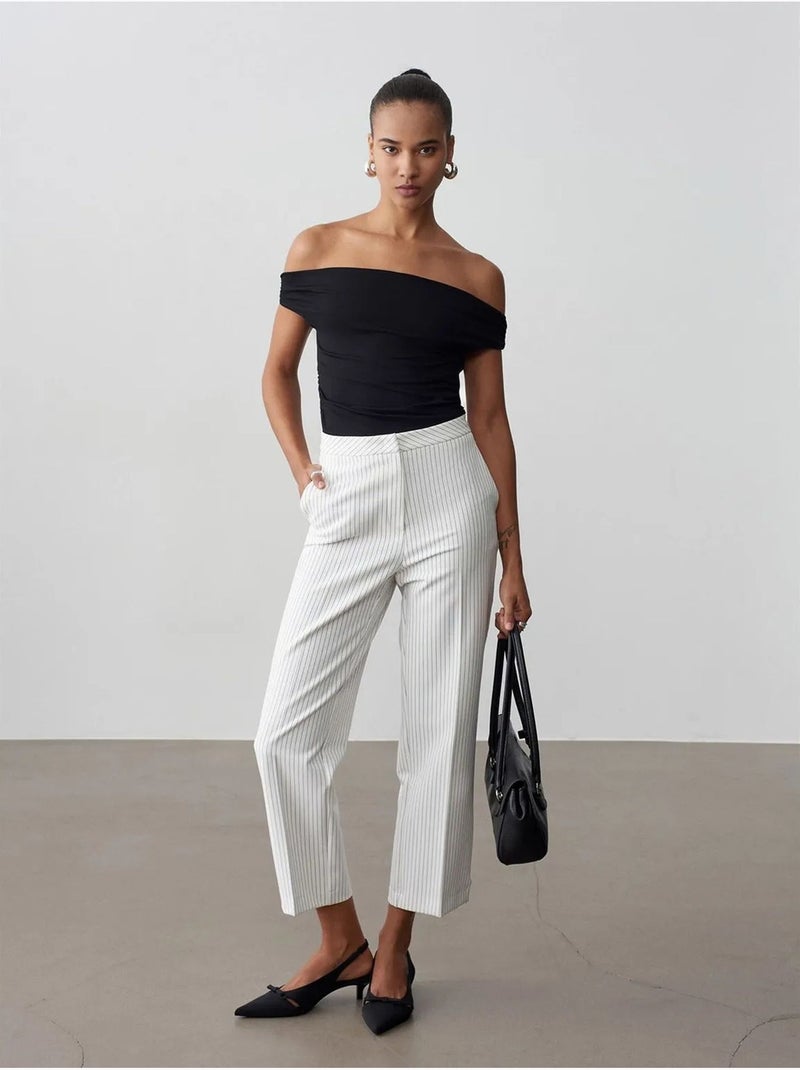 DILVIN Pantalon Femme Taille Haute À Rayures, Jambe Droite Blanc - Kiabi