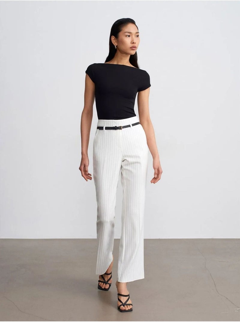 DILVIN Pantalon Flare Rayé À Taille Haute Avec Ceinture Blanc - Kiabi