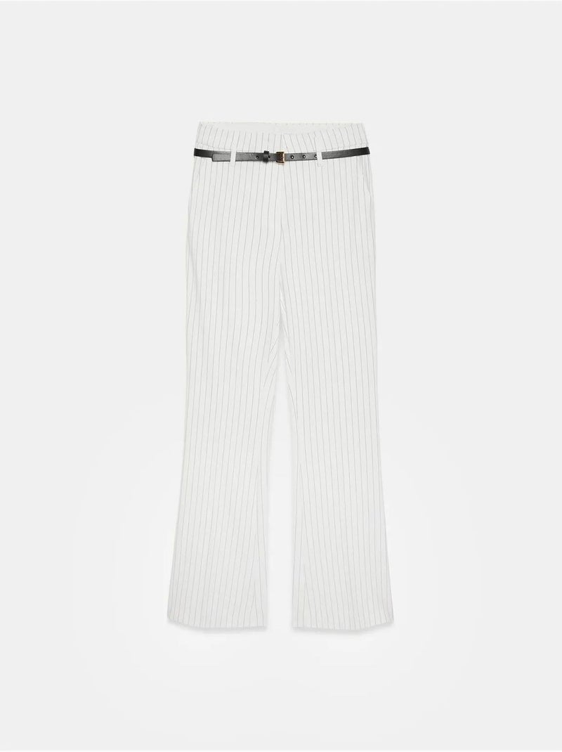 DILVIN Pantalon Flare Rayé À Taille Haute Avec Ceinture Blanc - Kiabi