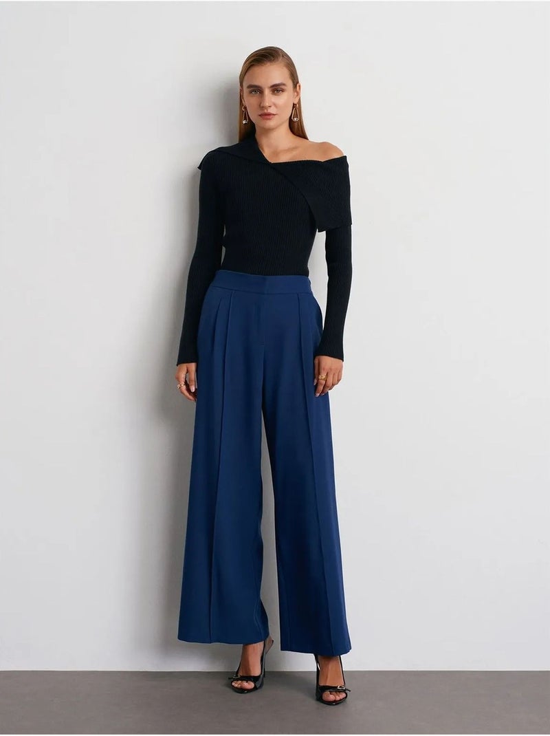 DILVIN Pantalon Large À Taille Haute Avec Plis Bleu marine - Kiabi