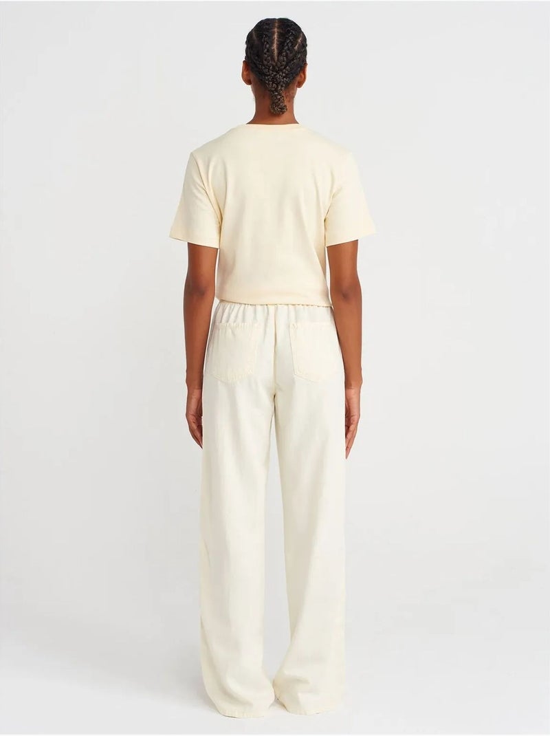 DILVIN Pantalon Large À Taille Haute Et Lien Crème - Kiabi