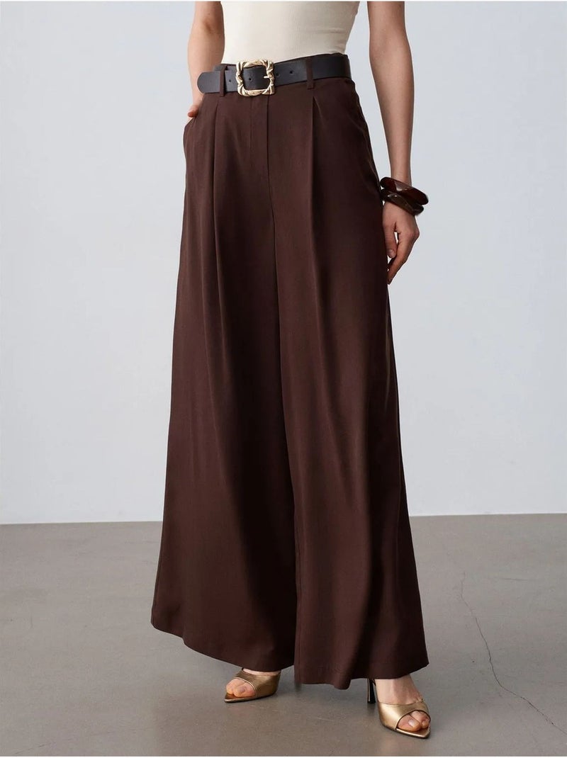 DILVIN Pantalon Large À Taille Haute Et Plis Marron chocolat - Kiabi