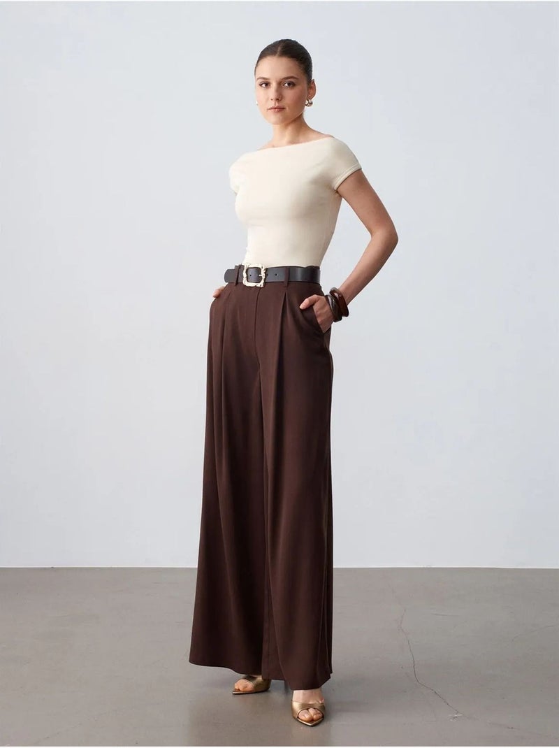 DILVIN Pantalon Large À Taille Haute Et Plis Marron chocolat - Kiabi