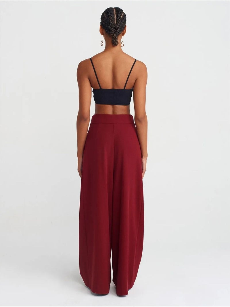 DILVIN Pantalon Large À Taille Haute Et Plis Rouge bordeaux - Kiabi