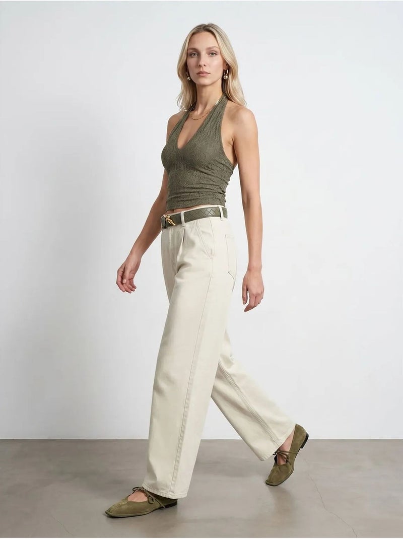 DILVIN Pantalon Large À Taille Mi-haute Et Plis Crème - Kiabi