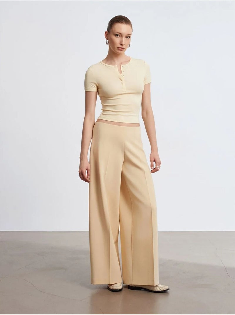 DILVIN Pantalon Large En Crêpe À Taille Haute Beige - Kiabi