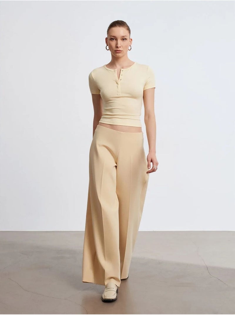 DILVIN Pantalon Large En Crêpe À Taille Haute Beige - Kiabi
