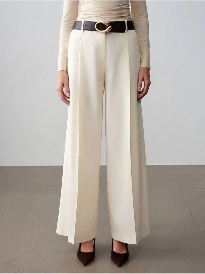 DILVIN Pantalon Large En Crêpe À Taille Haute Crème - Kiabi