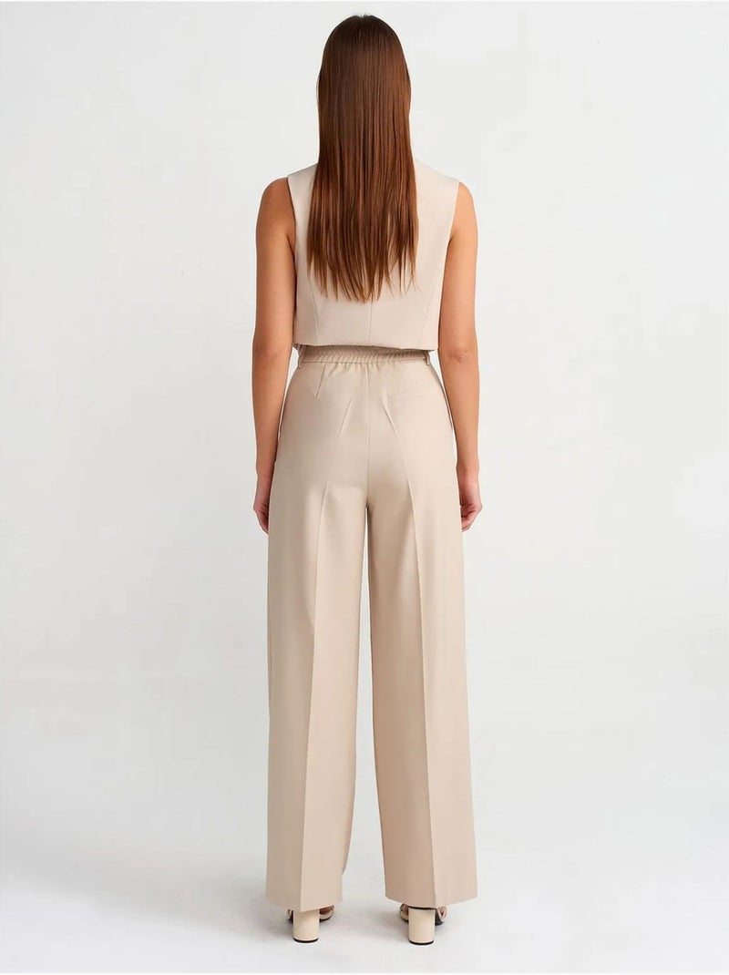DILVIN Pantalon Large En Crêpe À Taille Haute Et Ceinture Beige - Kiabi