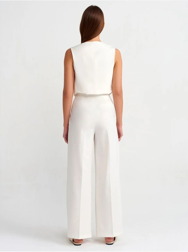 DILVIN Pantalon Large En Crêpe À Taille Haute Et Ceinture Blanc cassé - Kiabi