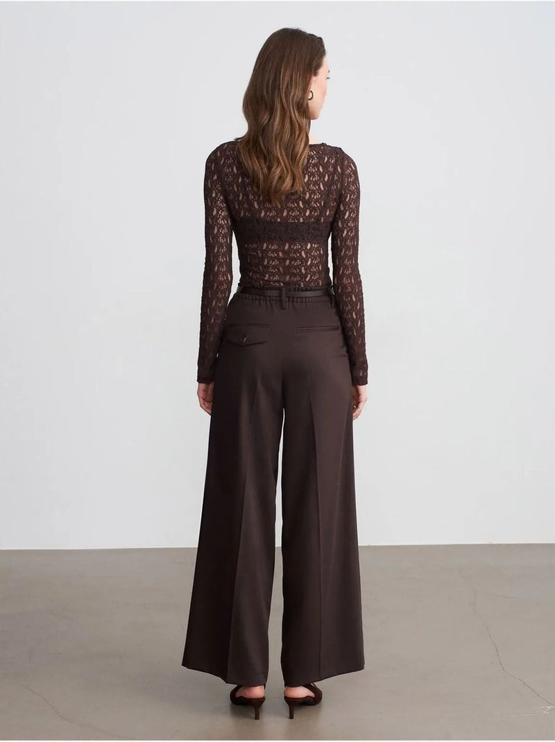 DILVIN Pantalon Large En Crêpe À Taille Haute Marron chocolat - Kiabi