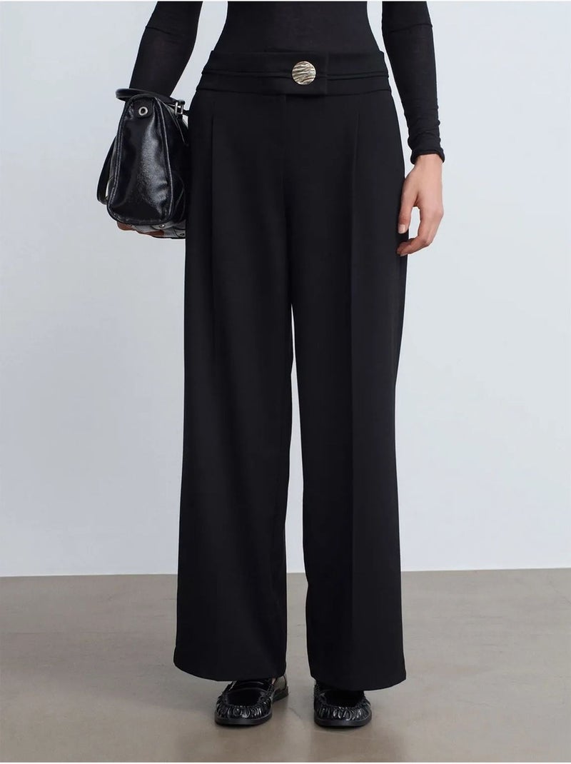 DILVIN Pantalon Large En Crêpe À Taille Haute Noir - Kiabi