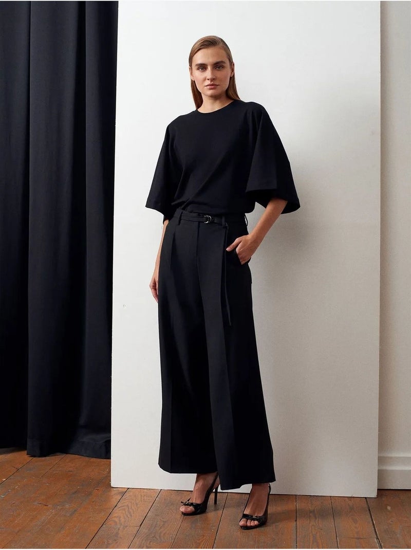 DILVIN Pantalon Large En Crêpe Avec Ceinture Noir - Kiabi