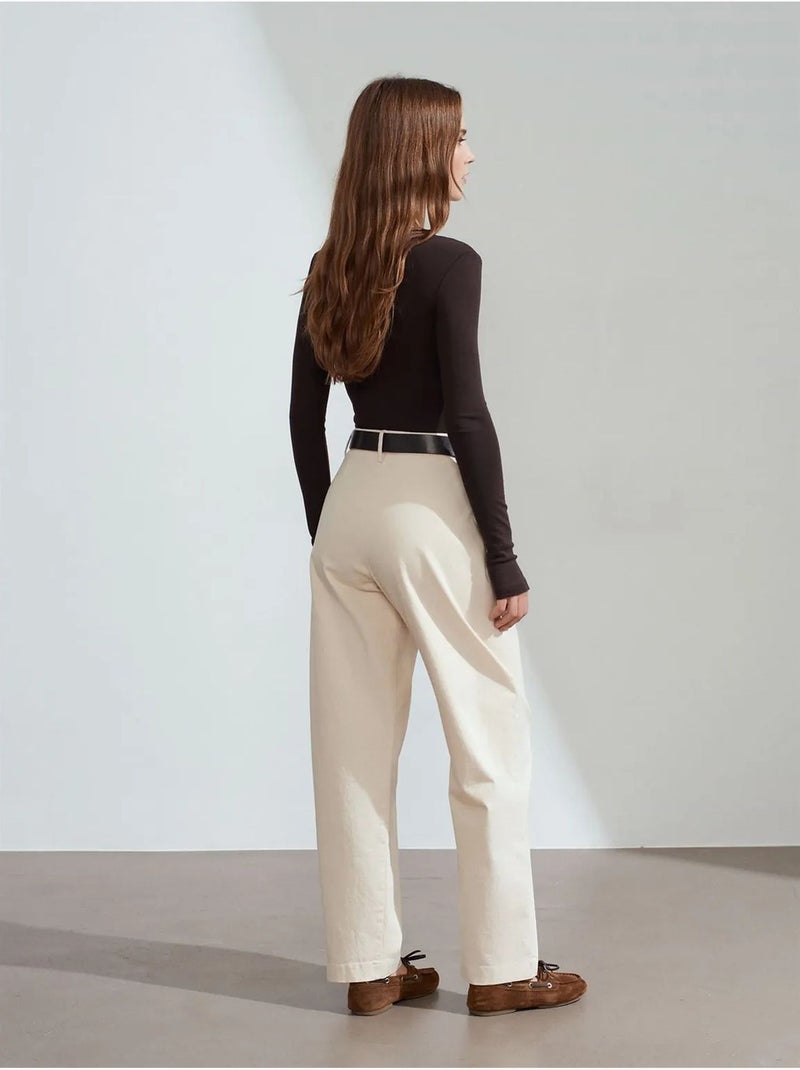 DILVIN Pantalon Large En Gabardine, Taille Haute Crème - Kiabi
