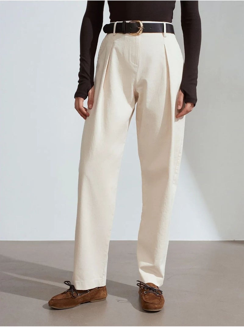 DILVIN Pantalon Large En Gabardine, Taille Haute Crème - Kiabi