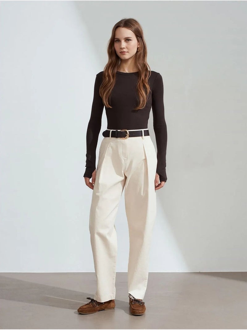 DILVIN Pantalon Large En Gabardine, Taille Haute Crème - Kiabi