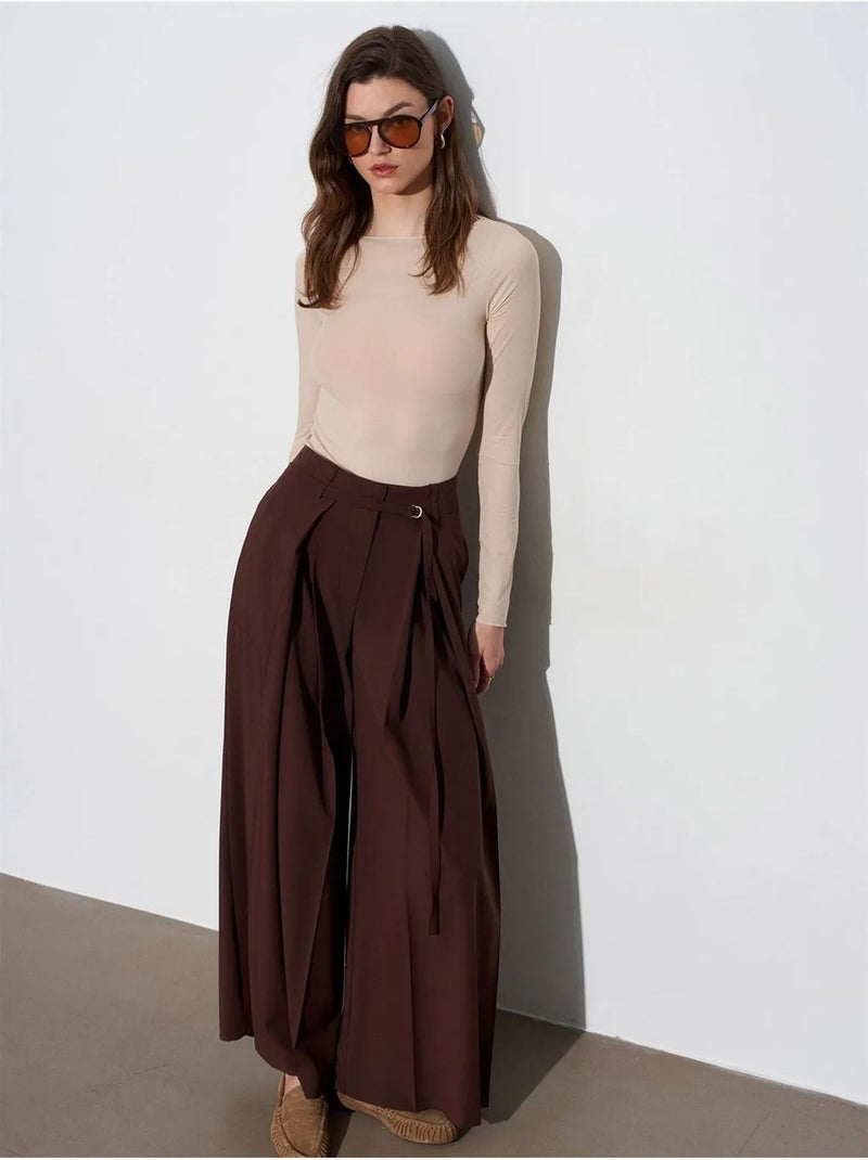 DILVIN Pantalon Large Plissé À Taille Ceinturée Marron chocolat - Kiabi