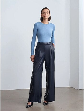DILVIN Pantalon Large Taille Haute En Simili Cuir