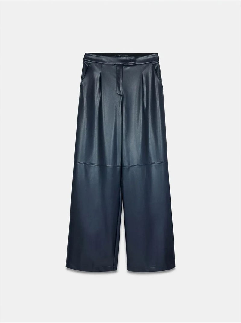 DILVIN Pantalon Large Taille Haute En Simili Cuir Bleu marine - Kiabi