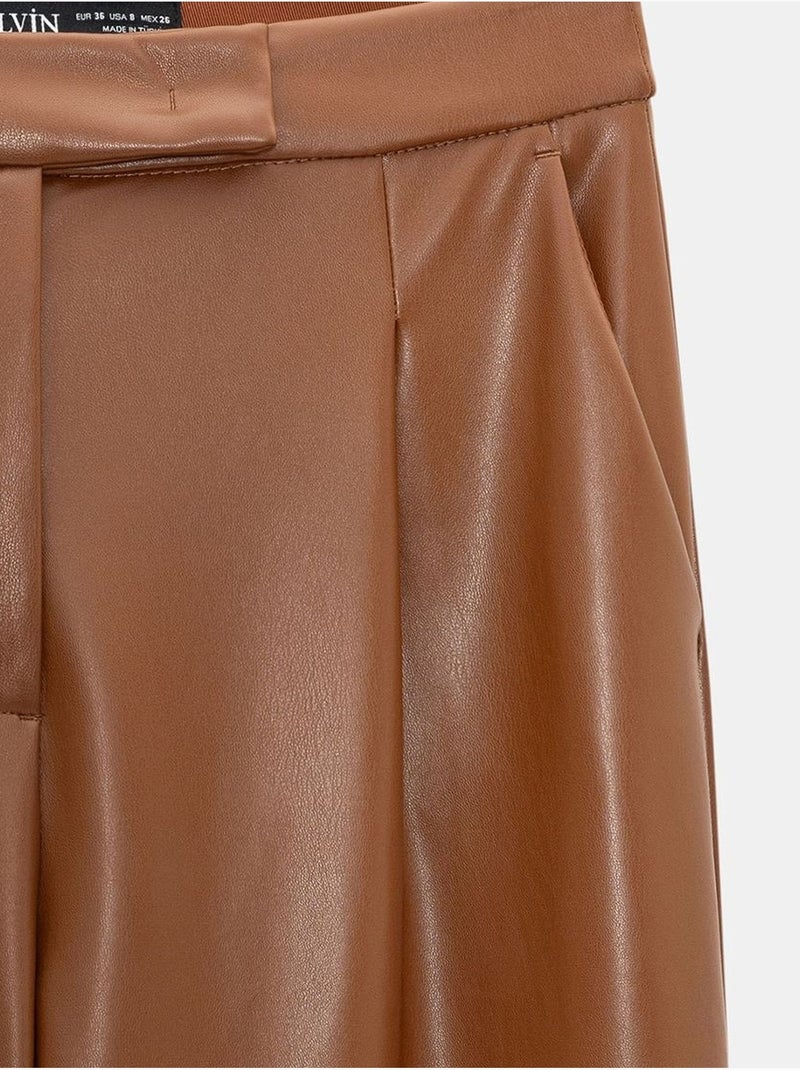 DILVIN Pantalon Large Taille Haute En Simili Cuir Camel - Kiabi