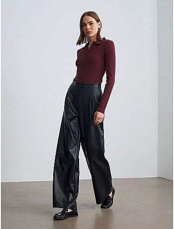 DILVIN Pantalon Large Taille Haute En Simili Cuir