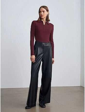 DILVIN Pantalon Large Taille Haute En Simili Cuir