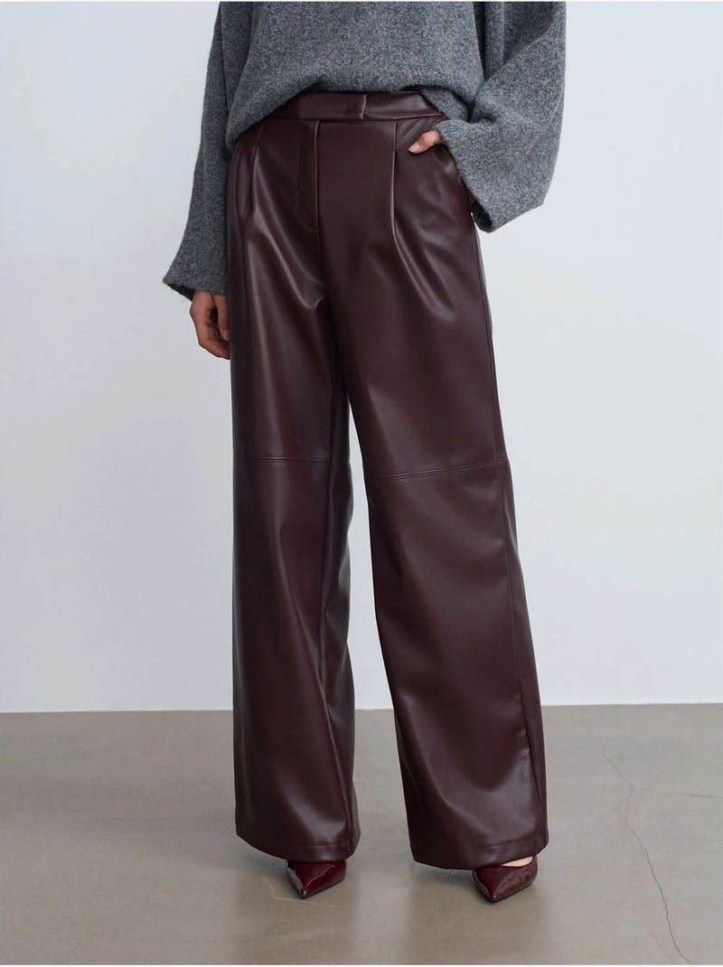 DILVIN Pantalon Large Taille Haute En Simili Cuir Rouge bordeaux - Kiabi