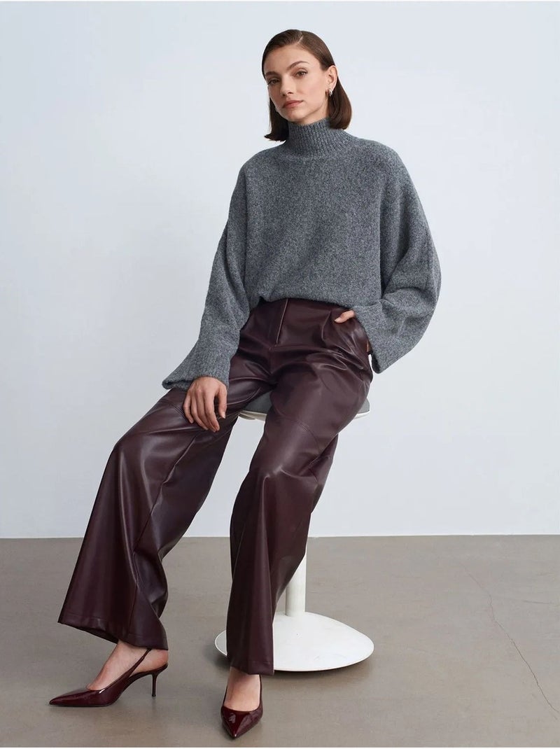DILVIN Pantalon Large Taille Haute En Simili Cuir Rouge bordeaux - Kiabi