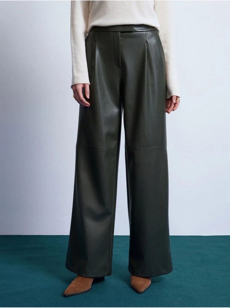 DILVIN Pantalon Large Taille Haute En Simili Cuir Vert foncé - Kiabi