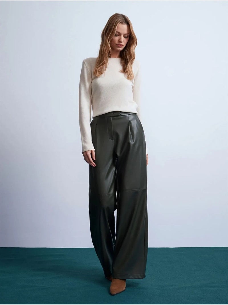 DILVIN Pantalon Large Taille Haute En Simili Cuir Vert foncé - Kiabi