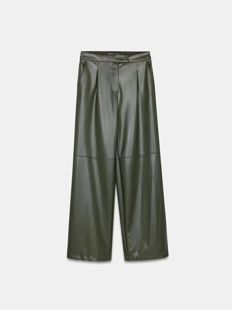 DILVIN Pantalon Large Taille Haute En Simili Cuir Vert foncé - Kiabi